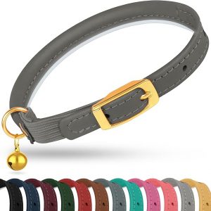 Rolled Leather Cat Collar with Bell and Safety Elastic Strap